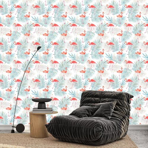 Tapete Flamingos und Palmblättern