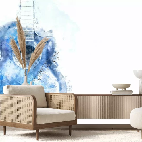 Fototapete Aquarell einer blauen Gitarre auf weißem Hintergrund