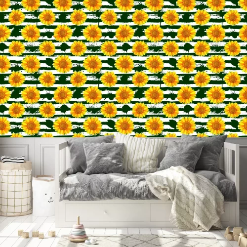 Tapete Seamless pattern with sunflowers on abstract green stripes and blots background vector