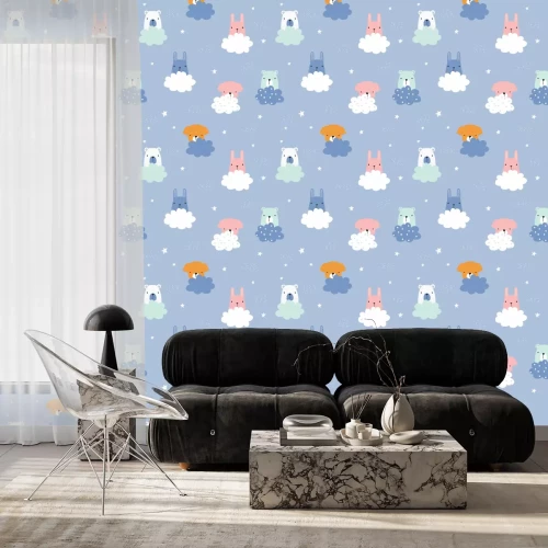 Tapete Childish seamless pattern with cute animals and clouds. Vector hand drawn illustration.