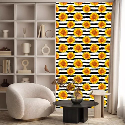 Tapete Seamless pattern with sunflowers on black and white stripes background vector