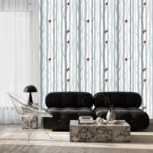 Tapete Rote Vögel sitzen auf Birken