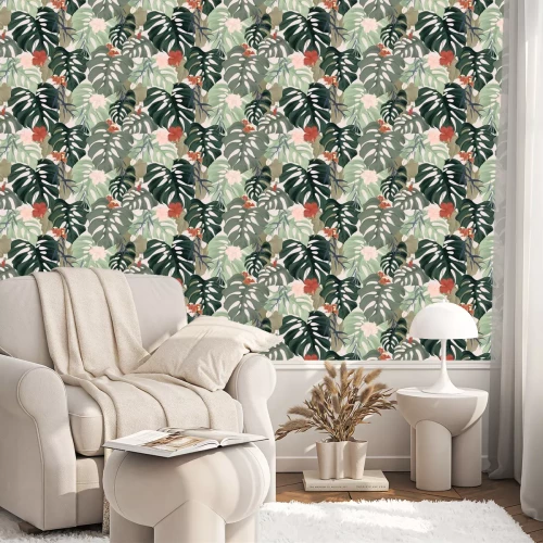 Tapete Hibiskusblüten und exotische Blätter