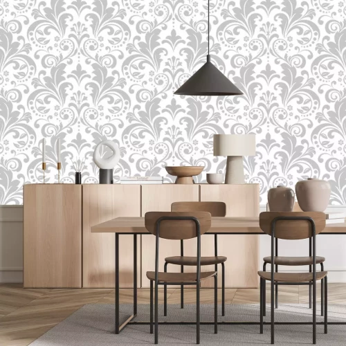 Sticker Wallpaper in the style of Baroque. Seamless vector background. White and grey floral ornament. Graphic pattern for fabric, wallpaper, packaging. Ornate Damask flower ornament.