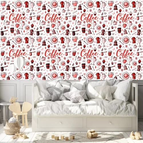 Tapete Cartoon hand-drawn doodles on the subject of cafe, coffee shop theme seamless pattern. Colorful detailed, with lots of objects vector background. Sketch elements for you design