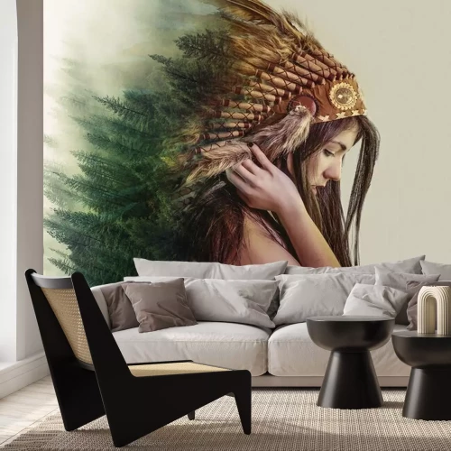 Fototapete Eine Frau mit abstraktem Federschmuck