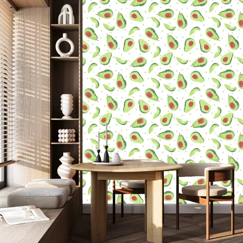 Tapete Avocadohälften und -stücke und grüne Punkte