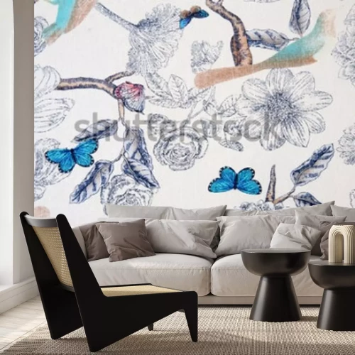 Fototapete Muster mit Natur und Schmetterlingen