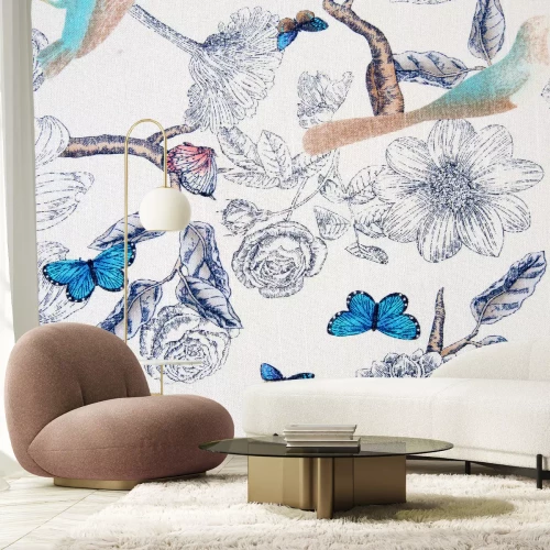 Fototapete Muster mit Natur und Schmetterlingen