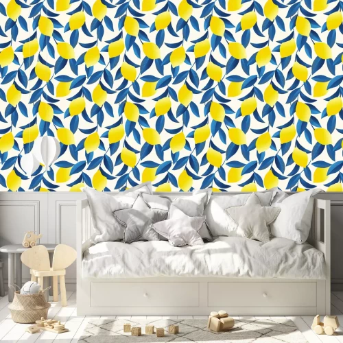 Tapete Zitronen und blaue Blätter auf hellem Hintergrund