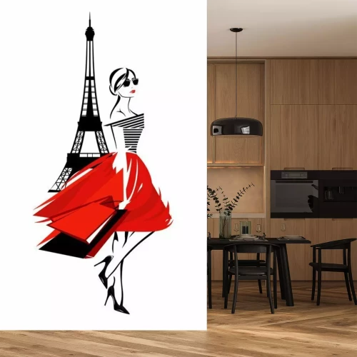 Sticker beautiful fashion woman in Paris - french fashionista with shopping bags and eiffel tower vector design
