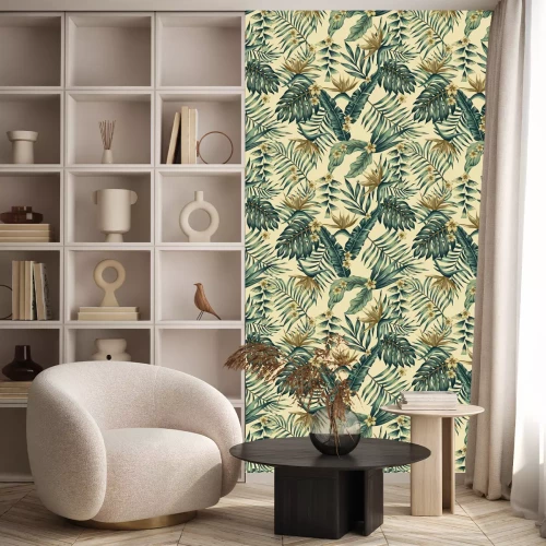 Tapete Tropische Blätter und Blüten auf beigem Hintergrund