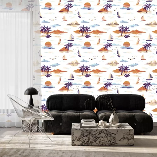 Tapete Schönes nahtloses Inselmuster der Weinlese auf weißem Hintergrund. Landschaft mit Palmen, Yacht, Strand und Ozeanvektor handgezeichneten Stil