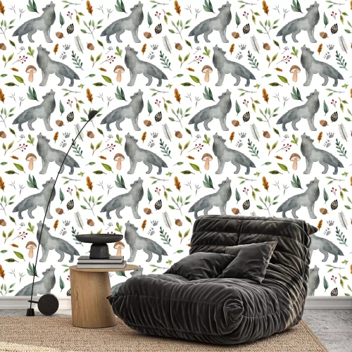 Tapete Graue Wölfe und Waldelemente