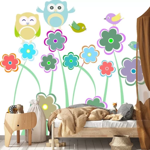 Sticker Nette Kinder Hintergrund mit Blumen Vögel Eulen