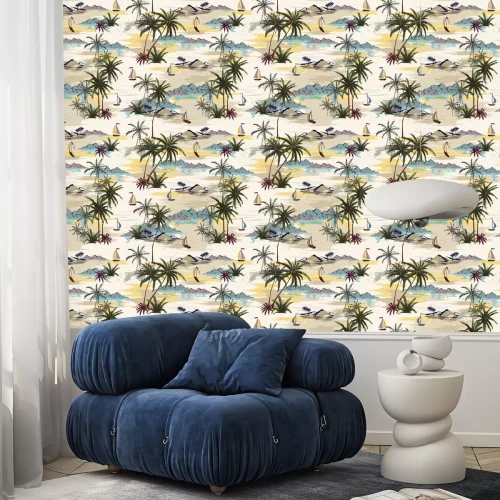 Tapete Schönes nahtloses Inselmuster der Weinlese auf weißem Hintergrund. Landschaft mit Palmen, Strand und Ozeanvektor handgezeichneten Stil