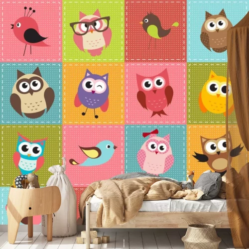 Sticker Patchwork-Hintergrund mit Eulen