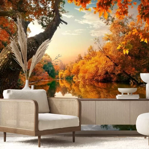 Fototapete Fluss zwischen herbstlichen Bäumen in einer natürlichen Landschaft