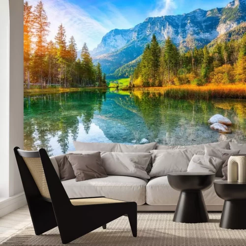 Fototapete Fantastic autumn sunset of Hintersee lake