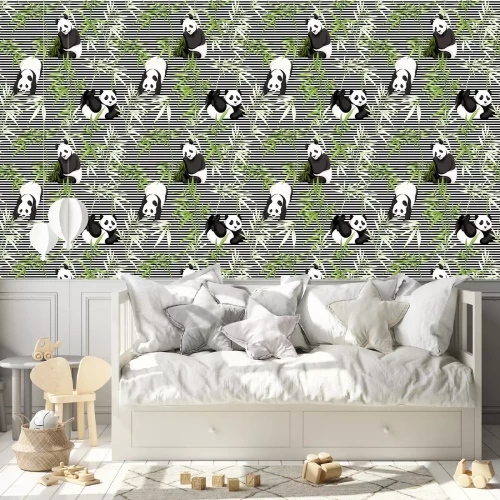 Tapete Schwarze und weiße Pandas zwischen Bambusblättern