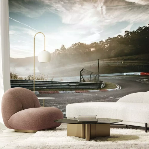 Fototapete Autorennen Rennstrecke im Nebel