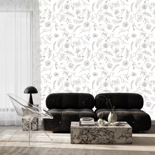 Tapete Rosenknospen Blumen und Bl?tter Grafik