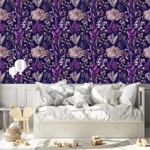 Tapete Seamless pattern with eucalyptus, magnolia, fern leaves and succulents. Trendy rustic herb vector background.