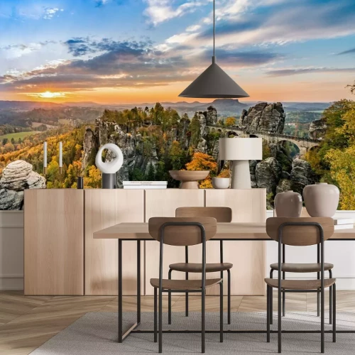 Fototapete Steinbrücke in Herbstlandschaft