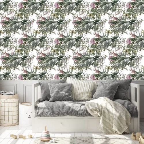 Tapete Aquarell zarte Blätter und Blüten