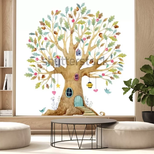 Sticker Baumillustration der Aquarellkinder, Stammbaum, genealogischer Baum. süsser Märchenbaum, Kinderillustration