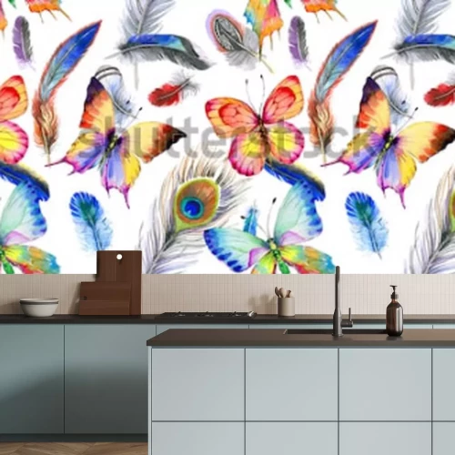 Sticker Tiere, bunte Schmetterlinge und Pfauenfedern