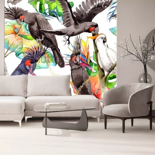 Fototapete Exotische Vögel auf den Blättern