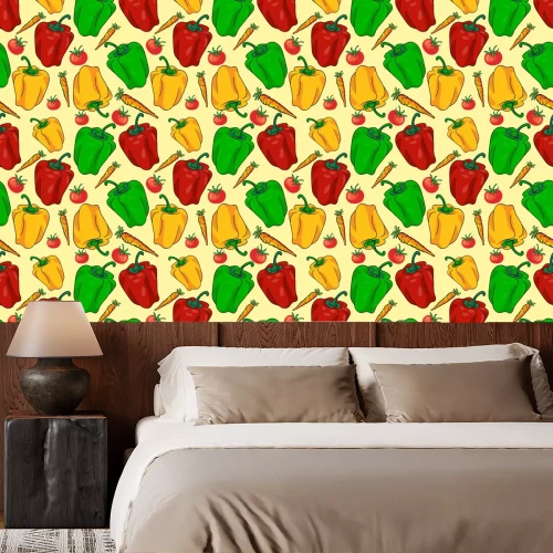 Tapete Paprika, Tomaten und Karotten auf gelbem Hintergrund