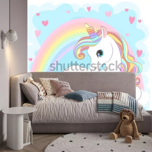 Fototapete Einhorn Regenbogen und Herzen