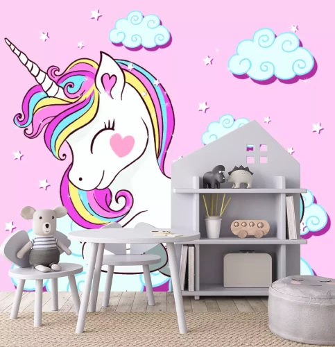 Sticker Schönes Einhorn auf Wolken mit Sternillustration, Vektor.