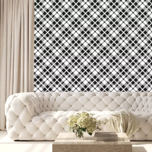 Tapete Black and white tartan diagonal seamless vector pattern Checkered plaid texture Geometrical simple square background for fabric, textile, cloth, clothing, shirts, shorts, dress blanket wrapping design