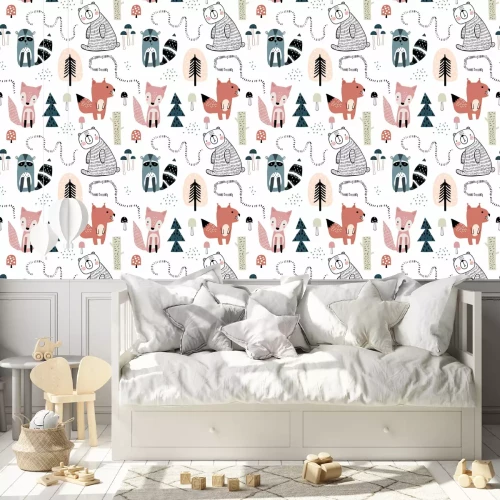 Tapete Semless woodland pattern with cute characters and hand drawn elements. Scandinaviann style childish texture for fabric, textile, apparel, nursery decoration. Vector illustration