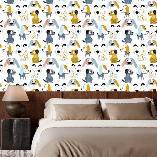 Tapete Bunte gemusterte Hündchen auf weißem Hintergrund