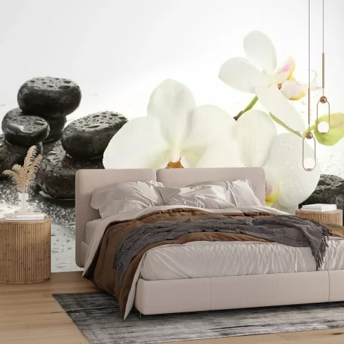 Sticker Spa Steine ​​und Orchidee blüht, isoliert auf weiß.