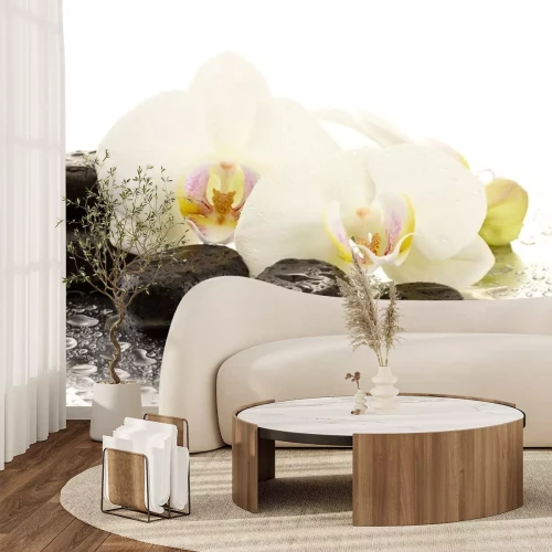 Sticker Spa Steine ​​und Orchidee blüht, isoliert auf weiß.