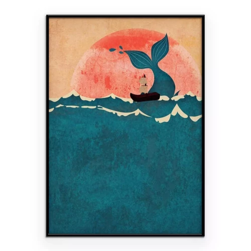 Poster Ein Schiff und ein Wal in einer Märchenillustration