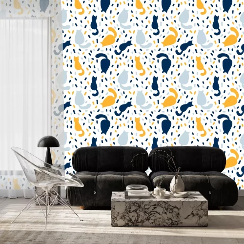 Tapete Blau-gelbe Katzensilhouetten