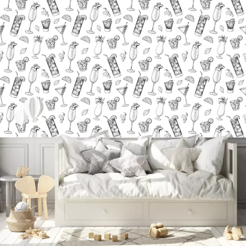 Tapete Cocktails hand drawn seamless pattern. Vector illustration. Alcoholic cocktails sketch set. Engraved style. Design template for bar.