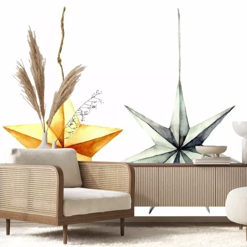 Sticker Watercolor stars decoration. Hand painted gold and silver stars isolated on white background. Christmas toys. Holiday modern decor illustration.