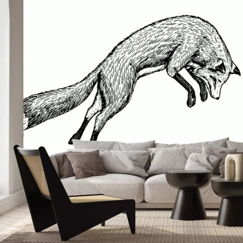 Sticker Schwarz-weiße Zeichnung mit einem jagenden Fuchs