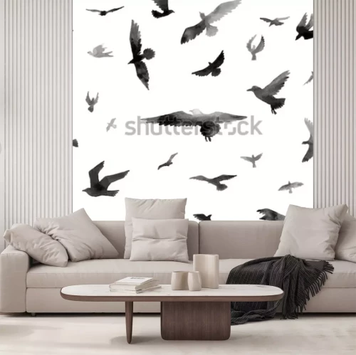 Fototapete Schwarze Vögel auf weißem Hintergrund