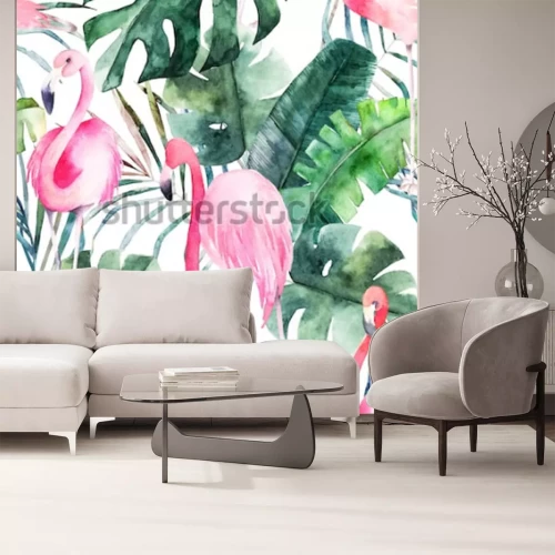 Sticker Wilde Tiere Flamingos und große Fensterblätter