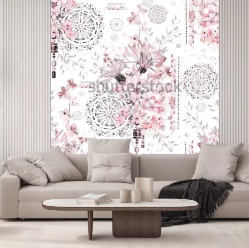 Sticker Muster mit Aquarellblumen und strukturierten Ornamenten - Mandala. Abstrakter Blumenhintergrund. Fliese mit wiesenwilder Blume und geometrischer Illustration