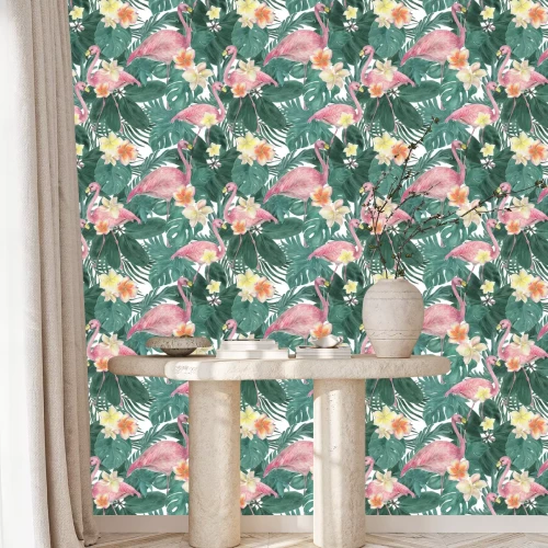 Tapete Hawaiianischen Blumen und Flamingos