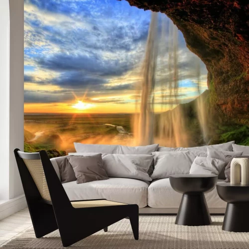 Fototapete Blick auf Wasserfall und Sonne
